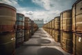 nuclear waste storage facility, with rows of metal containers and heavy security