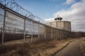 nuclear waste storage tank, surrounded by high security fence and cameras