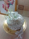 Nude cake with sugar white green peony and girandole Royalty Free Stock Photo