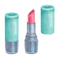 Nude lipstick in a silver-turquoise case. Watercolor, hand drawn Royalty Free Stock Photo