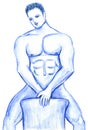 Nude Male Behind a Chair Illustration in Blue Royalty Free Stock Photo