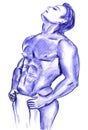 Nude Male Holding Towel with Euphoric Expression Illustration in Purple Royalty Free Stock Photo