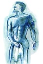 Nude Male in Towel Checking out Others Illustration in Blue Green