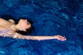A nude sexy girl swimming in pool. Woman swim an relax on summer beach. Naked female body. Romantic tender girlfriend