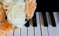 Nude and white beautiful roses on the piano. Flowers on a musical instrument. Greeting card. International women`s day, mother`s Royalty Free Stock Photo