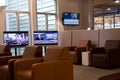 NUERMBERG, GERMANY - JAN 20th, 2017: airport interior, airport Lufthansa senator lounge with leather chairs and LCD TV