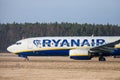 Boing 737 - 800 from Ryanair drives to runway at airport Nuernberg