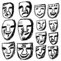 Abstract hand-drawn faces with old-style characters, smile, sadness, fury, happy, vector.