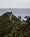 Nugget Point Lighthouse on a mountain in front of the water in New Zealand Royalty Free Stock Photo