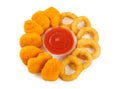 Nuggets, onion rings, ketchup. Royalty Free Stock Photo