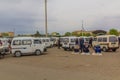 NUKUS, UZBEKISTAN - APRIL 21, 2018: Minibus marshrutka station in Nukus, Uzbekist