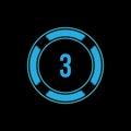 Number 3 in neon blue circle on white background. Royalty Free Stock Photo