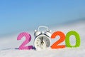 Number 2020 and alarm clock in snow.