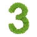 Number 3, alphabet of green leaves- 3D illustration Royalty Free Stock Photo
