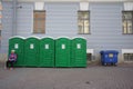 A number of bio-toilets on the streets of beautiful old European city.