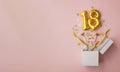 Number 18 birthday balloon celebration gift box lay flat explosion Royalty Free Stock Photo