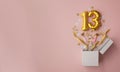 Number 13 birthday balloon celebration gift box lay flat explosion Royalty Free Stock Photo