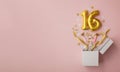 Number 16 birthday balloon celebration gift box lay flat explosion Royalty Free Stock Photo