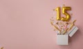 Number 15 birthday balloon celebration gift box lay flat explosion Royalty Free Stock Photo