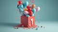 Number 1 birthday balloon celebration gift box lay flat explosion with copy space Royalty Free Stock Photo