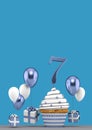 Number 7 blue birthday cupcake with balloons and gifts. 3D Render Royalty Free Stock Photo