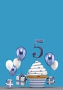 Number 5 blue birthday cupcake with balloons and gifts. 3D Render Royalty Free Stock Photo