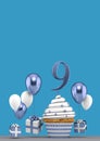 Number 9 blue birthday cupcake with balloons and gifts. 3D Render Royalty Free Stock Photo