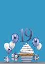 Number 19 blue birthday cupcake with balloons and gifts. 3D Render Royalty Free Stock Photo