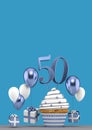 Number 50 blue birthday cupcake with balloons and gifts. 3D Render Royalty Free Stock Photo