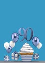 Number 90 blue birthday cupcake with balloons and gifts. 3D Render Royalty Free Stock Photo