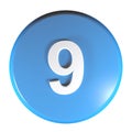 Number 9 blue circle push button - 3D rendering illustration Royalty Free Stock Photo