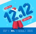 Number 12.12 blue Floats in air and moves. There are shopping bags hanging from sides and mega sale and winter promotion campaign