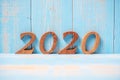 2020 number on blue wood background with copy space. Business Goals, Mission, Vision, Resolution, Happy New Year New Start and Royalty Free Stock Photo