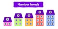 Number bonds. Mathematic worksheet for kids kindergarten, preschool and school age. Cartoon house. Vector illustration