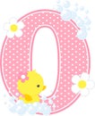 Number 0 with bubbles and cute rubber duck