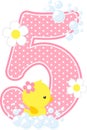 Number 5 with bubbles and cute rubber duck