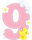 Number 9 with bubbles and cute rubber duck