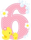 Number 6 with bubbles and cute rubber duck