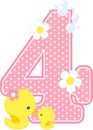 Number 4 with bubbles and cute rubber duck