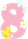 Number 8 with bubbles and cute rubber duck