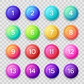 Number bullets. Circle buttons with color gradients and numbers. Isolated web button vector set
