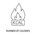 Number of calories line icon vector for food packaging, illustration of fire flame and kcal lettering.