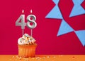 Number 48 candle with birthday cupcake on a red background with blue pennants