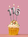 Birthday card with cupcake and candle number 116 Royalty Free Stock Photo