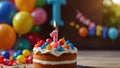 Number 1 candle on festive cake with balloons and party decor on blurred background for celebration