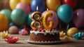 Number 86 candle on festive cake with balloons and party decor on blurred background for celebration, sunshine sunny day