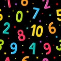 Number cartoon seamless pattern with stars isolated on black