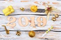 Number 2019 and Christmas ornaments. Royalty Free Stock Photo