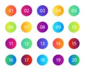 Number with circle. Gradient round icons. Set of infographic points, bullets. List from 1 to 20 for circular button. Design