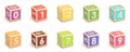 Number collection wooden alphabet blocks font rotated. 3D